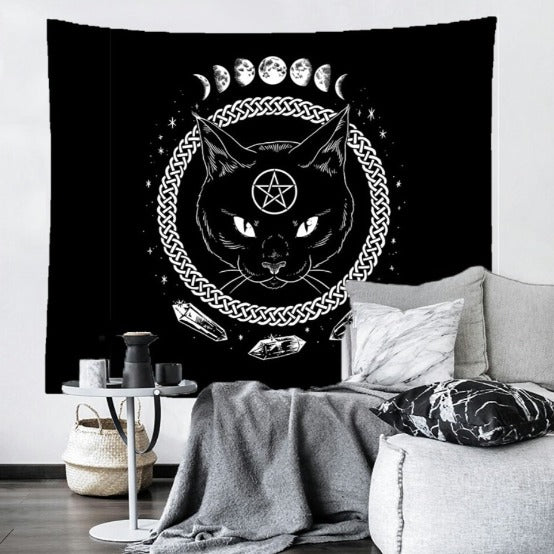 black and white cat  trippy tapestry