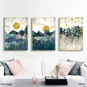 3 piece set wall canvas golden sun and mountains