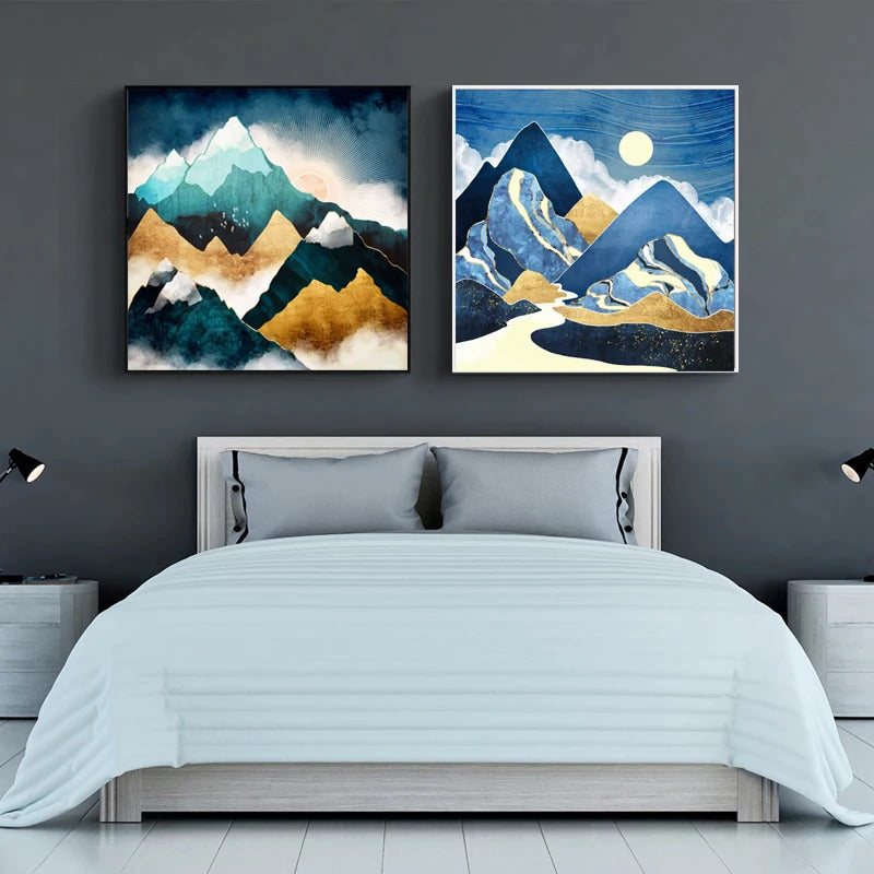 wall decor painting blue mountains and moon landscape