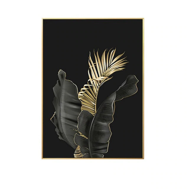 golden palm leaf on black wall art canva