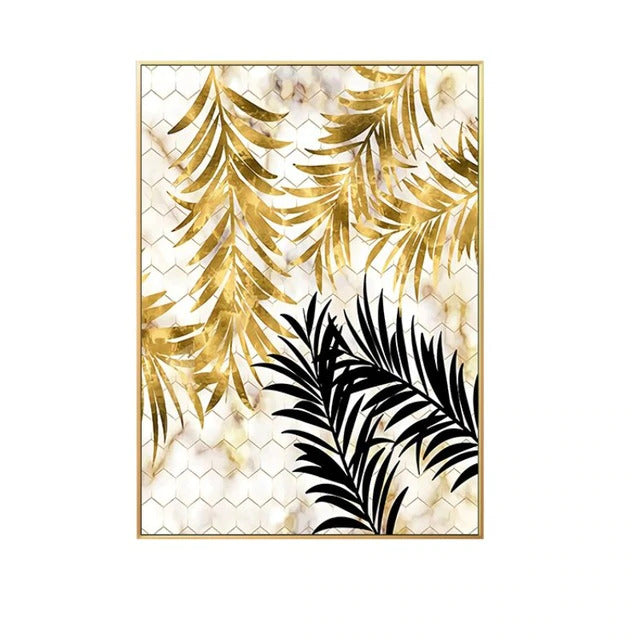 black and gold leaves wall art canva